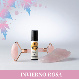 Rodillo Facial Cuarzo Rosa + Piedra Gua Sha + Roll On Argán de REGALO