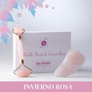 Rodillo Facial Cuarzo Rosa + Piedra Gua Sha