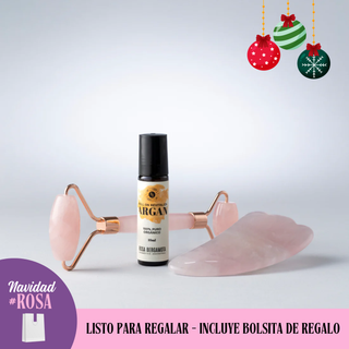 Rodillo Facial Cuarzo Rosa + Piedra Gua Sha + Roll On Argán de REGALO