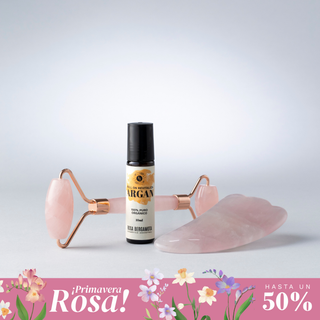 Rodillo Facial Cuarzo Rosa + Piedra Gua Sha + Roll On Argán de REGALO