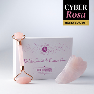 Rodillo Facial Cuarzo Rosa + Piedra Gua Sha