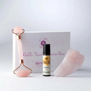 Rodillo Facial Cuarzo Rosa + Piedra Gua Sha + Roll On Argán de REGALO