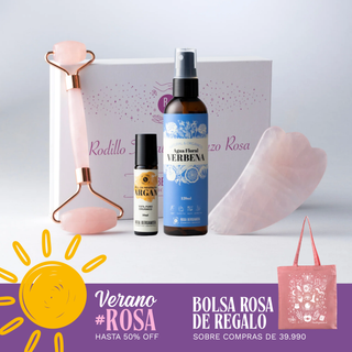 Rodillo Facial Cuarzo Rosa + Piedra Gua Sha + Roll On Argán + Agua Floral de Verbena