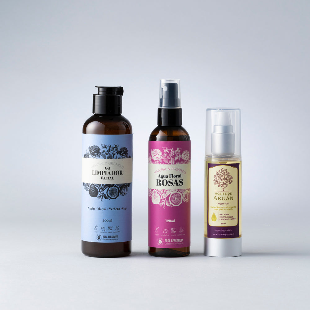 Pack Rutina Facial Básica GRANDE Gel Limpiador + Agua de Rosas + Aceite de Argán