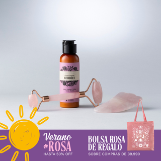 Rodillo Facial Cuarzo Rosa + Piedra Gua Sha + Crema Anti Celulitis Berries 200ml