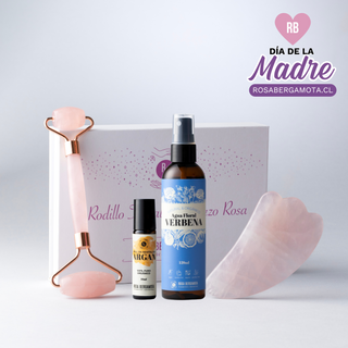 Rodillo Facial Cuarzo Rosa + Piedra Gua Sha + Roll On Argán + Agua Floral de Verbena