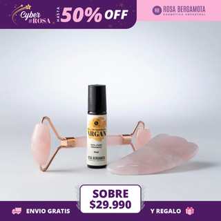 Rodillo Facial Cuarzo Rosa + Piedra Gua Sha + Roll On Argán de REGALO